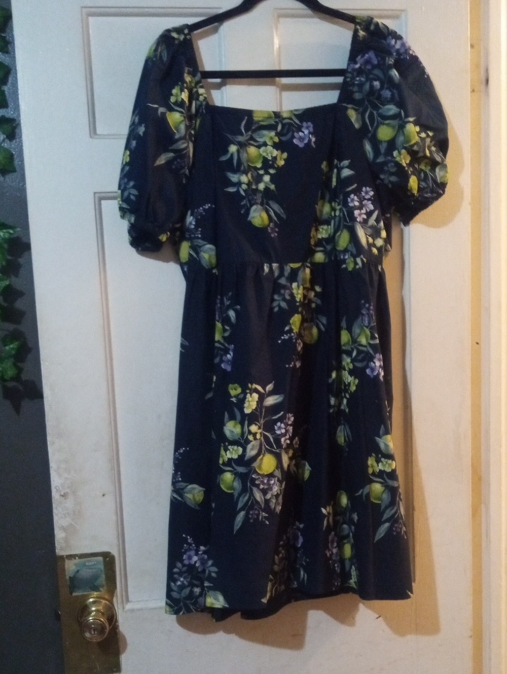 Navy Puff Sleeve Floral Dress with Lemon Print